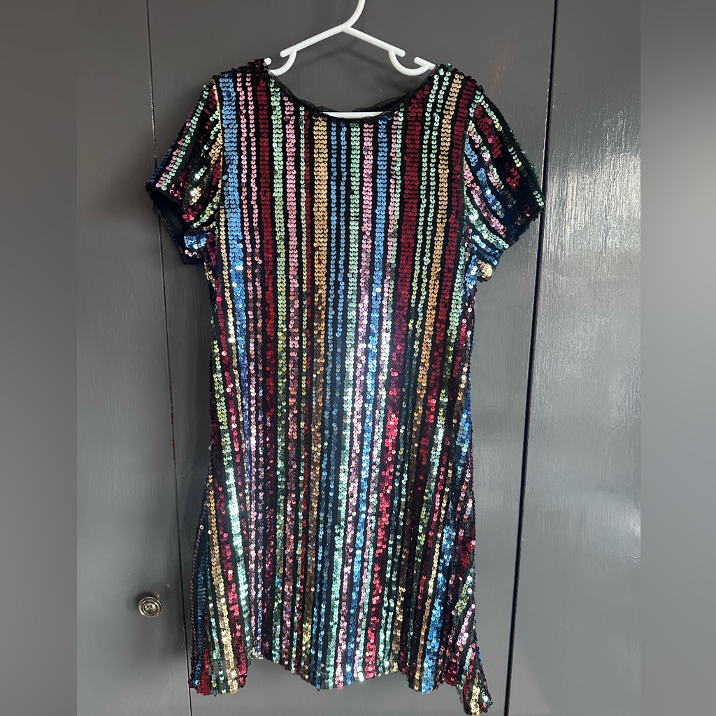 Euc Girls Med Trixxi Girl Vertical Rainbow Sequin Stripes, Short Sleeve Dress